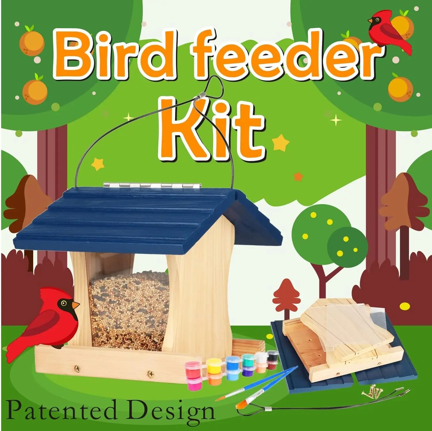 Western Red Cedar Ranch DIY Bird Feeder Kit for Kids to Build - Wood Birdhouse Building Kits with Hanging Rope, Paints