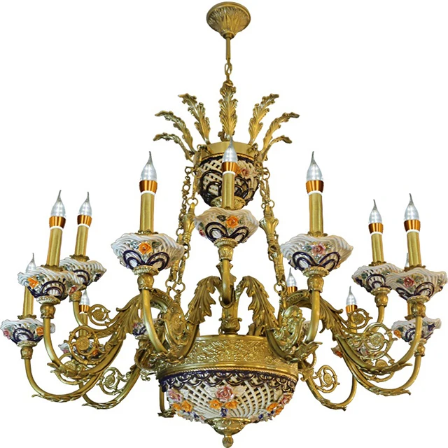 pendent lamp European ceiling lamp French copper luxury sitting room background bedroom bedside lamp ceramic 10-headed corridor