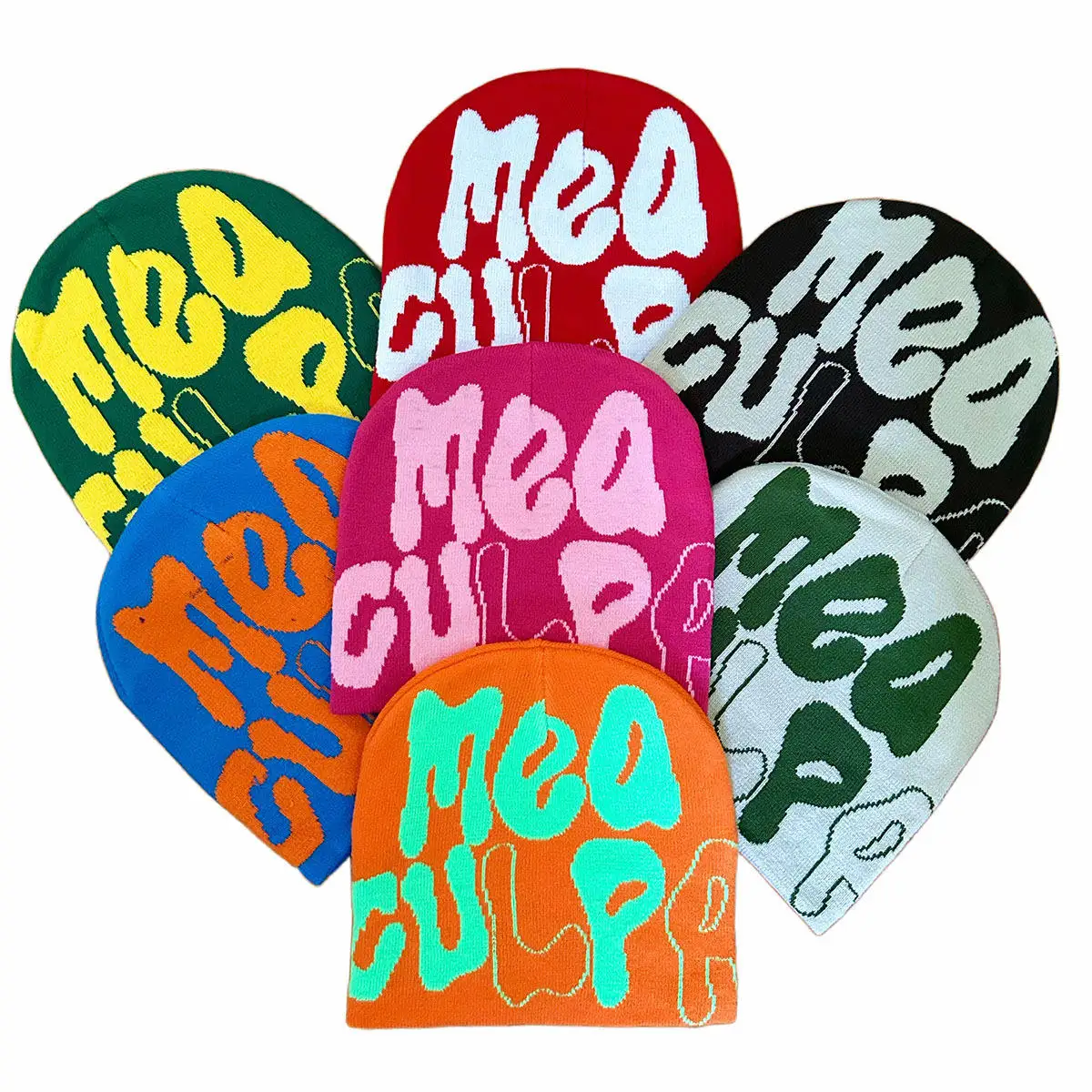 Wholesale Winter Custom Pink Puff Print Jacquard Skully Unisex Winter Knitted Hats Crochet mea culpa beanieS