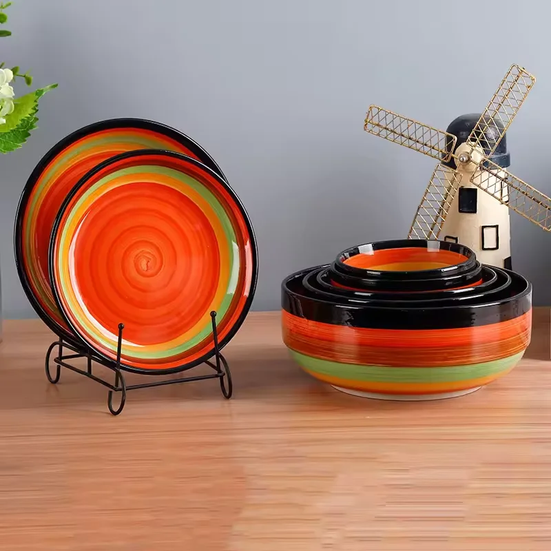 Rainbow  ceramic  dinnerware set  porcelain tableware plate and bowl   price good  wholesale  microwave safe