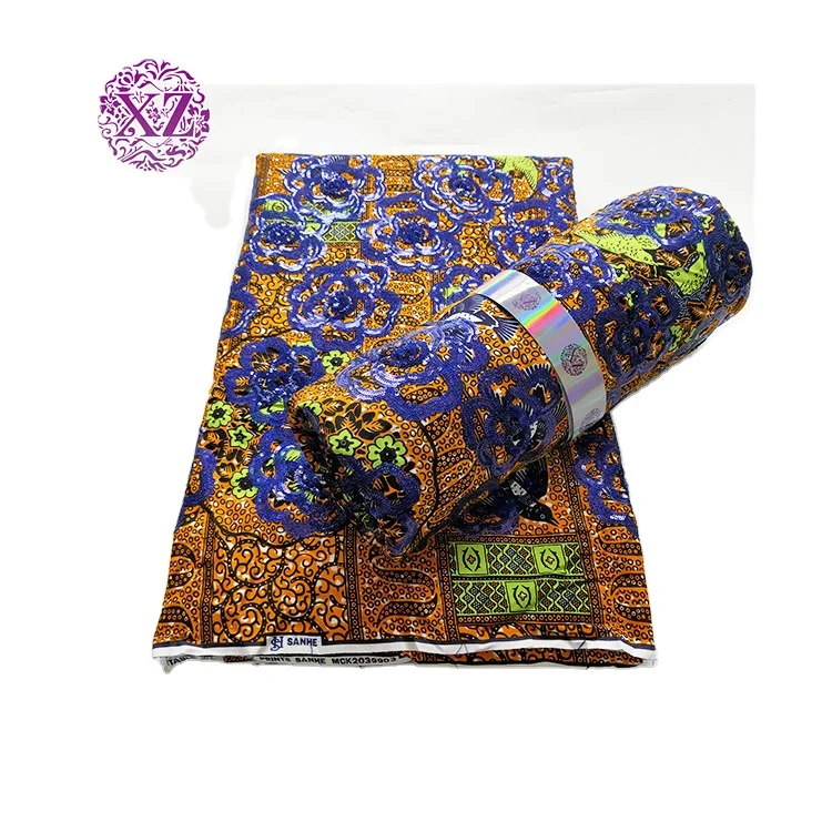 African wax fabric cut fish netting tulle lace with sequin embriodery