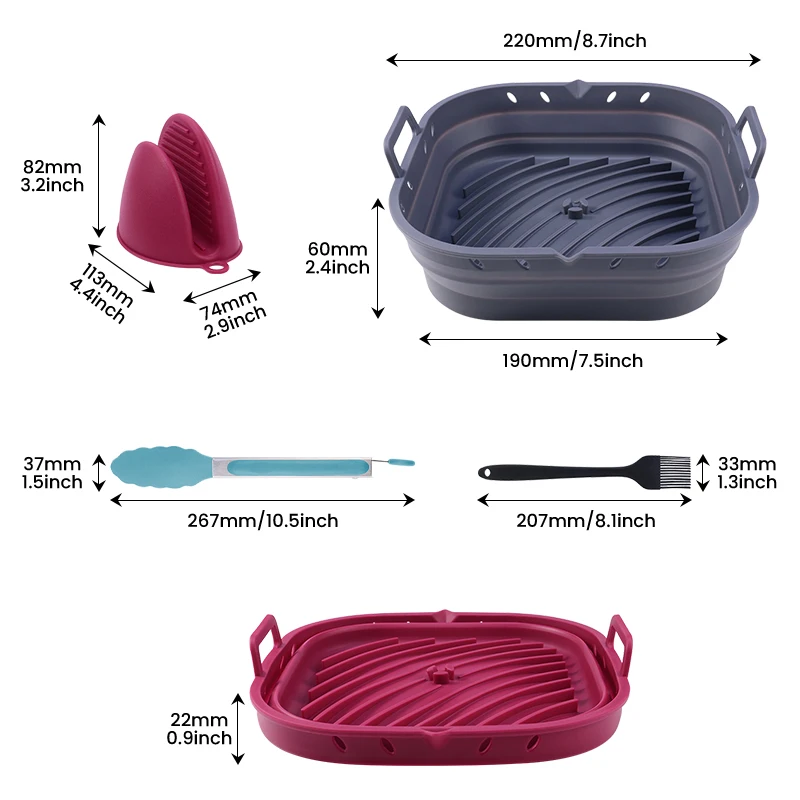 Custom Reusable Baking Pan Square Collapsible Air Fryer Silicone Pot Air Fryer Accessories Set Silicon Molds Baking Basket Liner