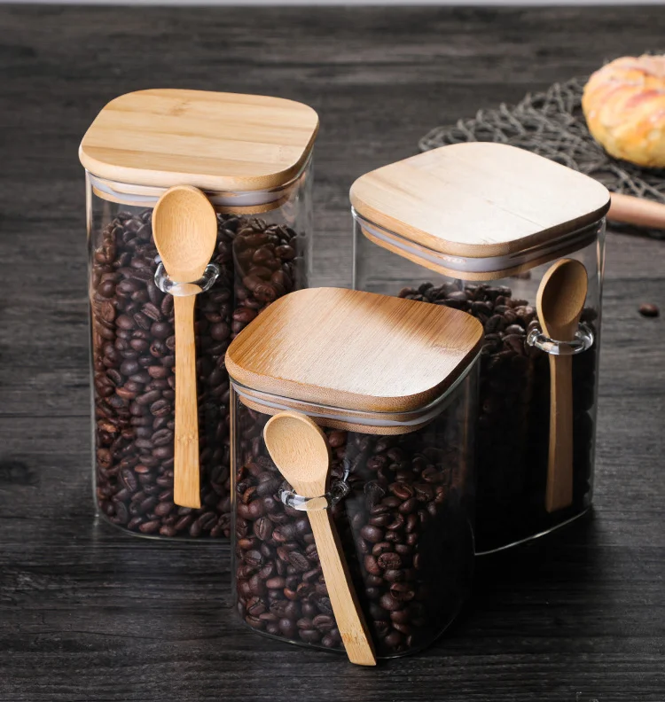 Hot Selling Wholesale Price Available Different Sizes Square Glass Jar With Bamboo Lid Spoon