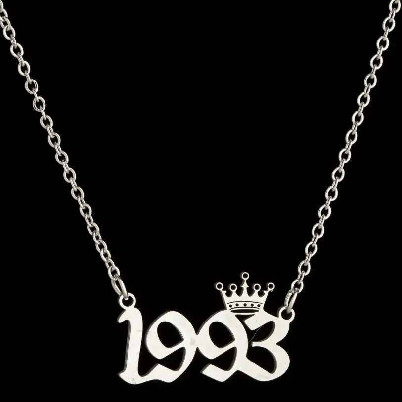 Silver Titanium Jewelry Birthday Gift Personalized Digital Pendant Stainless Steel Year Crown Necklaces for Women Girl 1980-2019