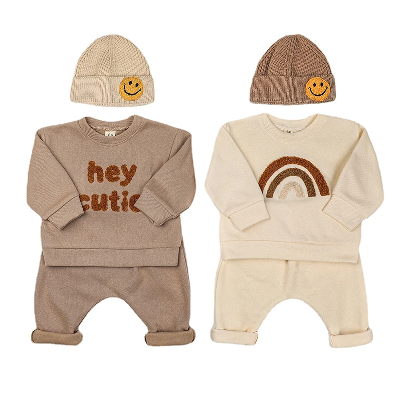 High Quality Baby Clothes Set Hoodies Fabric Long Sleeve Chest Print Rainbow Kids Toddler Clothes Tracksuit