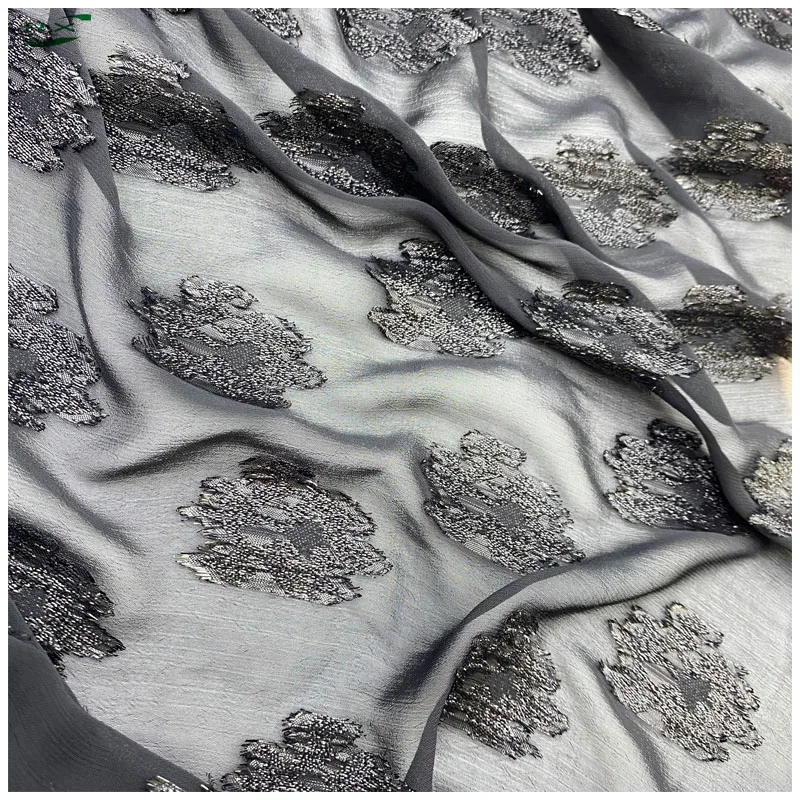 Custom wholesale high quality recycled polyester black glitter cut flower chiffon fabric material for clothing