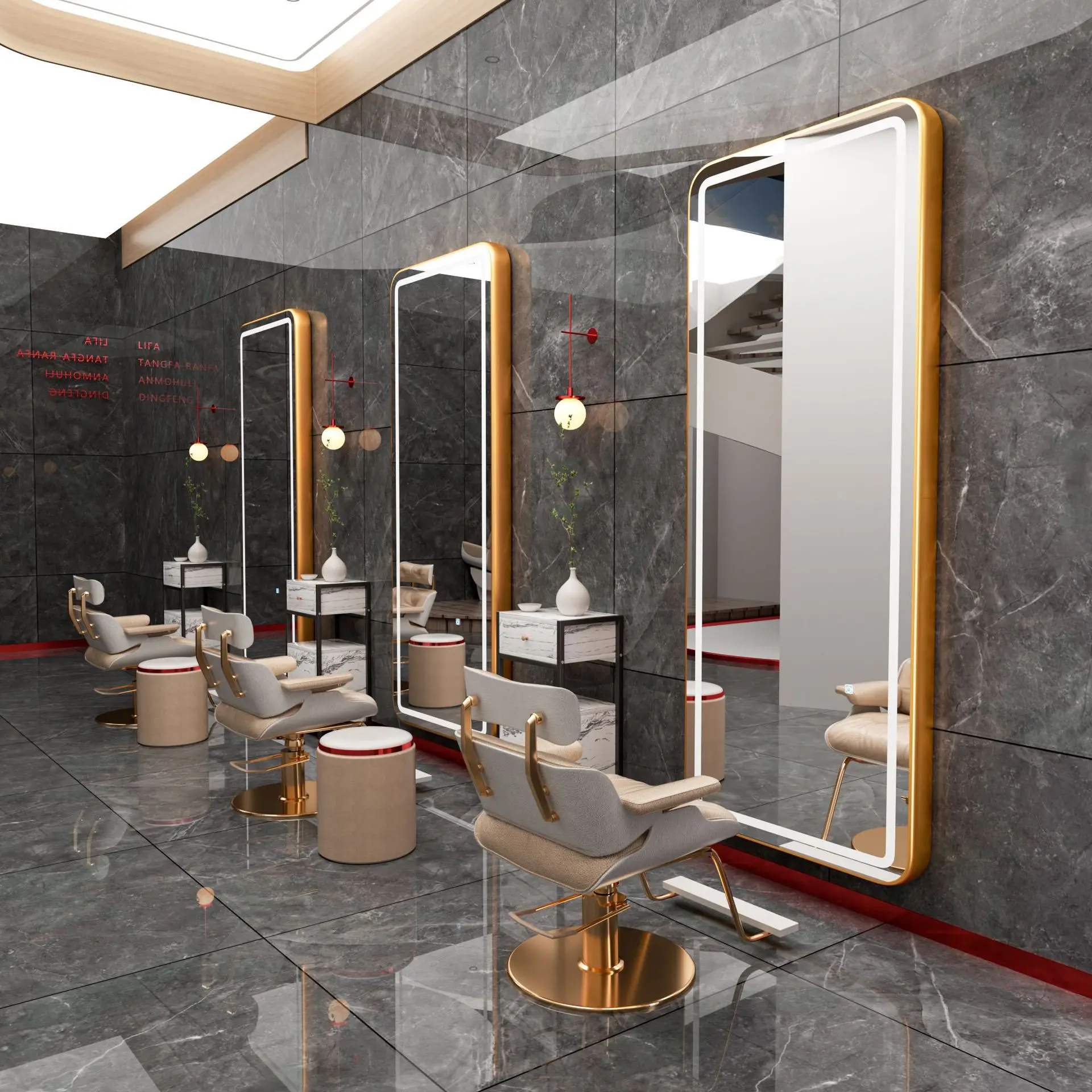 2024 Modern Golden Round Hairdresser With Led Light Salon Mirror Use In Beauty Salon Mirror Station