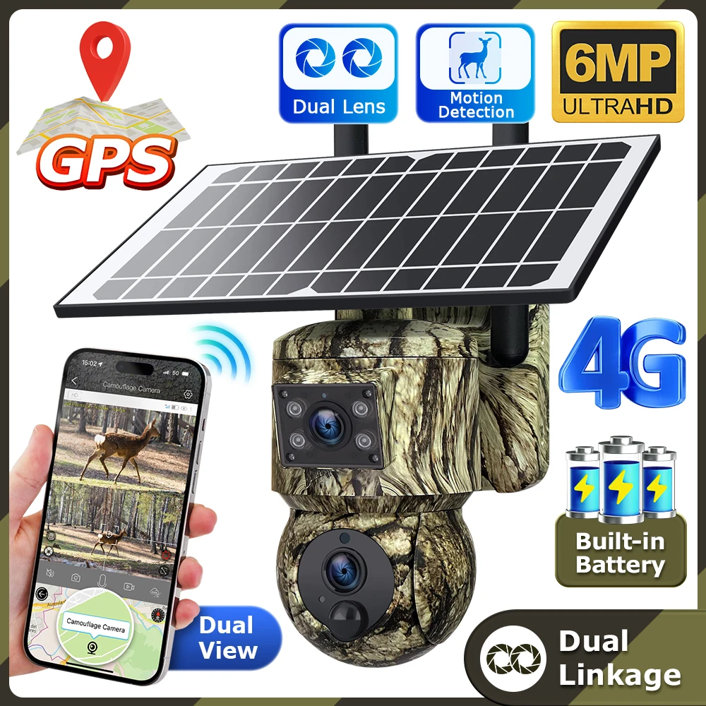 HD 6MP Dual Lens Camouflage 4G Solar Camera GSM Outdoor IP66 PTZ Wide Angel Hunting Trail Camera Motion Detect Hide CCTV Camera