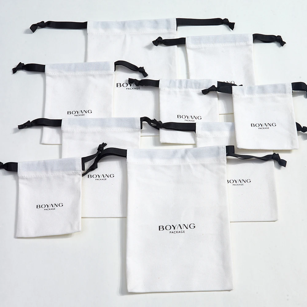 Custom White Eco Friendly Necklace Earring Gift Packaging Cotton Canvas Jewelry Drawstring Bag Pouch