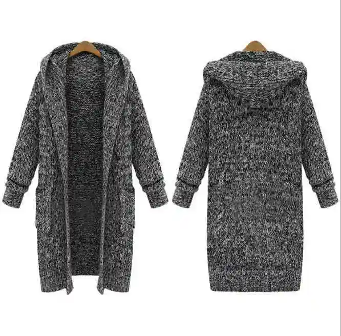 
Large Size Womens Autumn And Winter Europe And The New Long Thick Knit Cardigan Loose Hooded Sweater Women Wholesale 