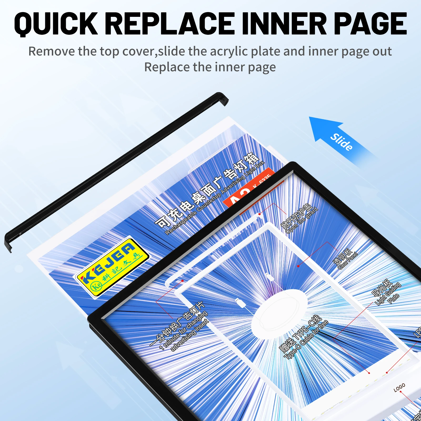 Kejea LED display card stand high quality advertising promotion menu stand rechargeable light box