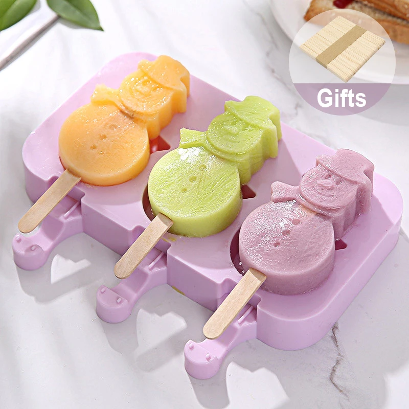 High quality custom cute  snowman rabbit feet bear pig cartoon silicone ice cream popsicle mold with sticks lid