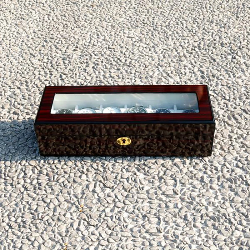 Luxury Dark Red Wooden 6 Slots Watches Display Box Golden Lock Wrist Watch Organizer with Glass Window