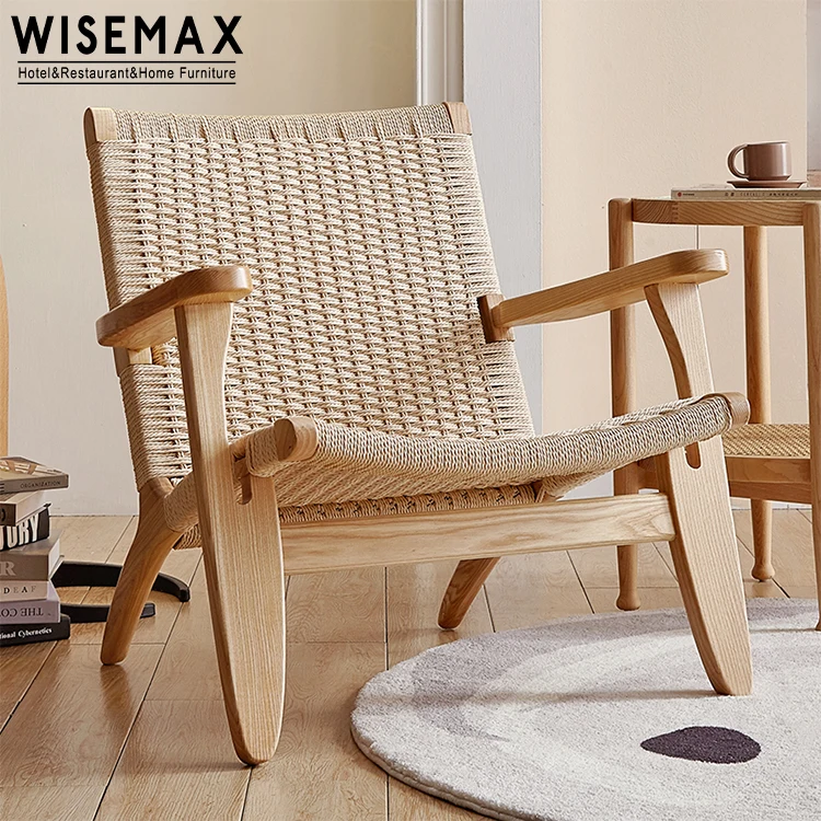 WISEMAX FURNITURE Nordic style wooden and rattan woven lounge chair armrest leisure chair for living room chair