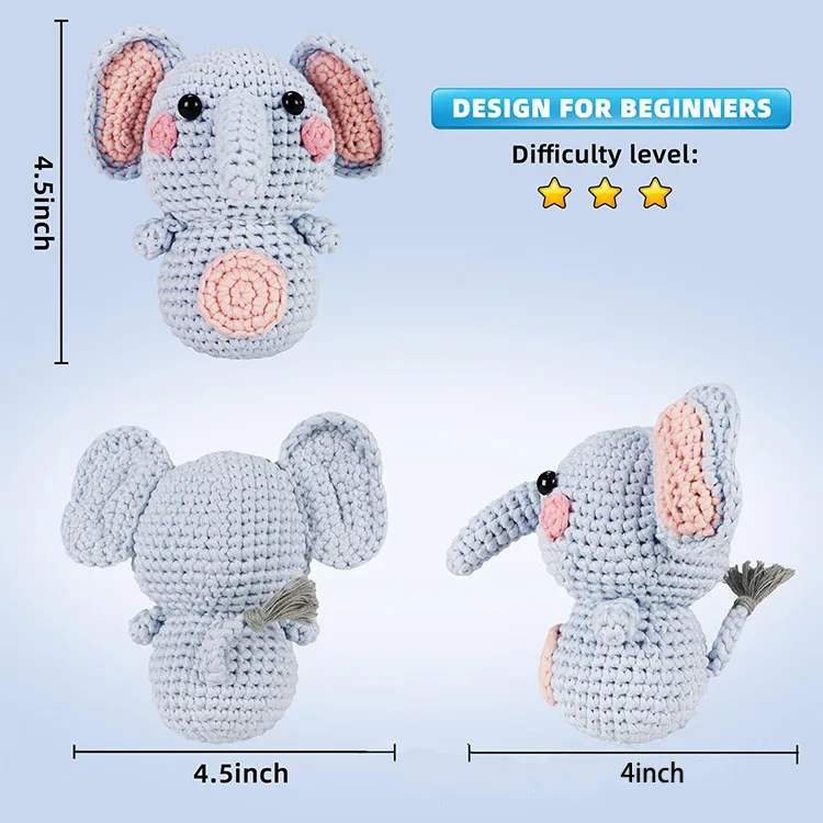 Beginners Yarn Knitting DIY Material Package Elephant Decor Cute Doll Yarn Crochet Kit with Step by Step Video Tutorials