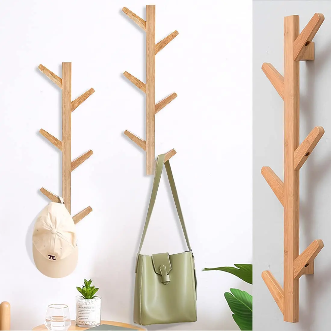 Base Clothes Hanger Hat Coat Rack Tree Branch Design Bamboo Wall Mounted Wood Modern Natural 6 Hook Home Decoration Love Europe