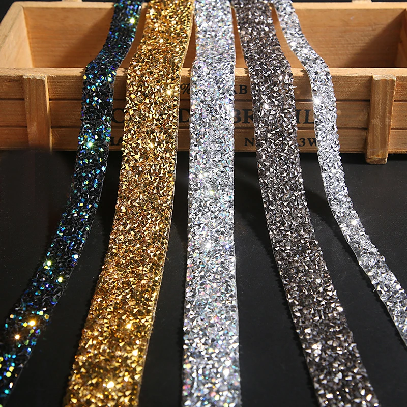 Hotfix Colorful AB Rhinestone Trim Chain Crystal Fabric Ribbon Strass Banding Resin Applique for Clothes Crafts
