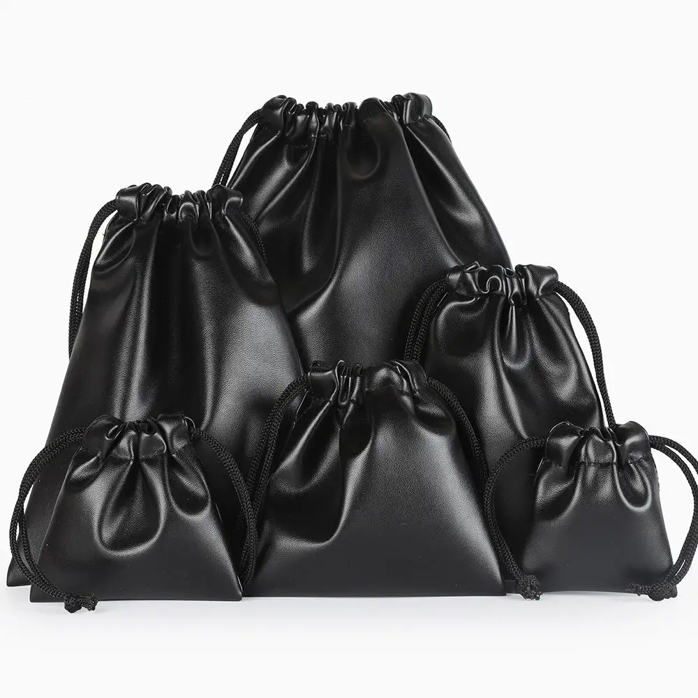 Custom Logo Waterproof Black Pu Leather Drawstring Pouch Bags for Jewelry Pouches Earphone Accessories Storage