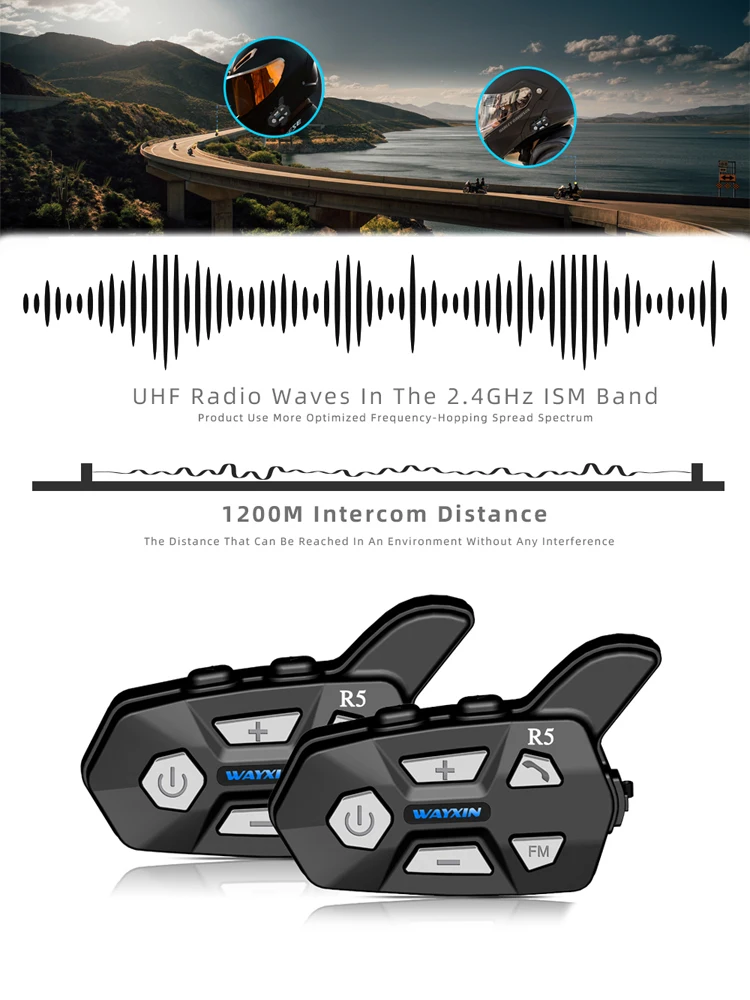  WAYXIN Bluetooth 5.0 Motorcycle Helmet Intercom 2 People 1200M Talking Universal Pairing Waterproof Interphone Headset FM