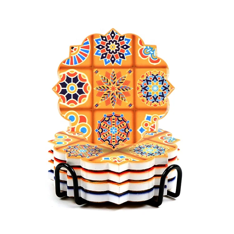 OEM Amazon hot sunflower Mandala UV printing/ sublimation tea coffee beer ceramic cup mats beach smart coasters set with cork