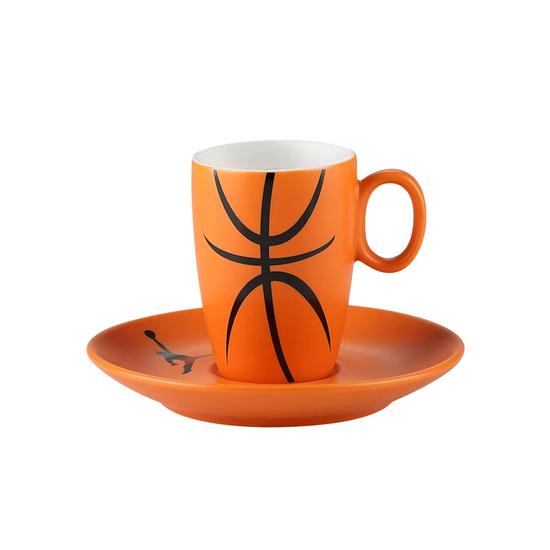 
Orange cup and saucer with basket ball logo 