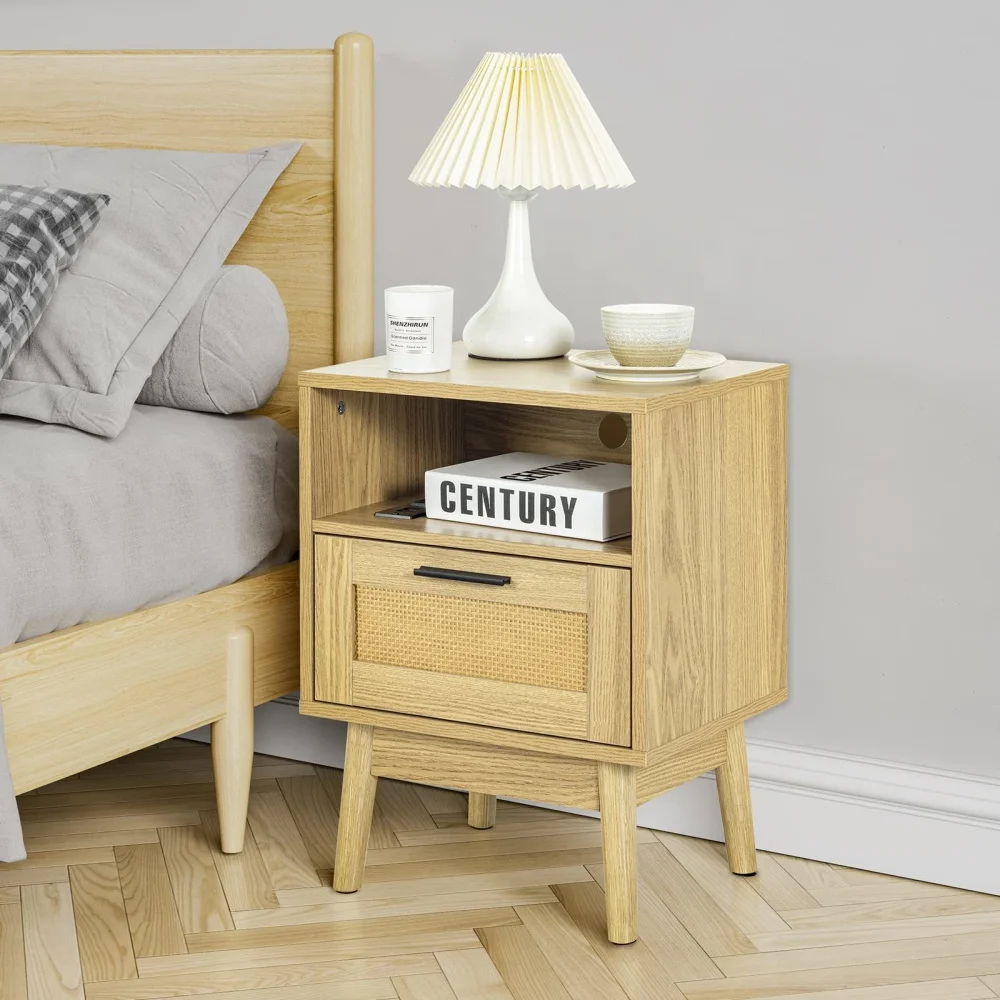 Wholesale bedroom furniture rustic natural wood bedside table nightstand with two rattan drawers