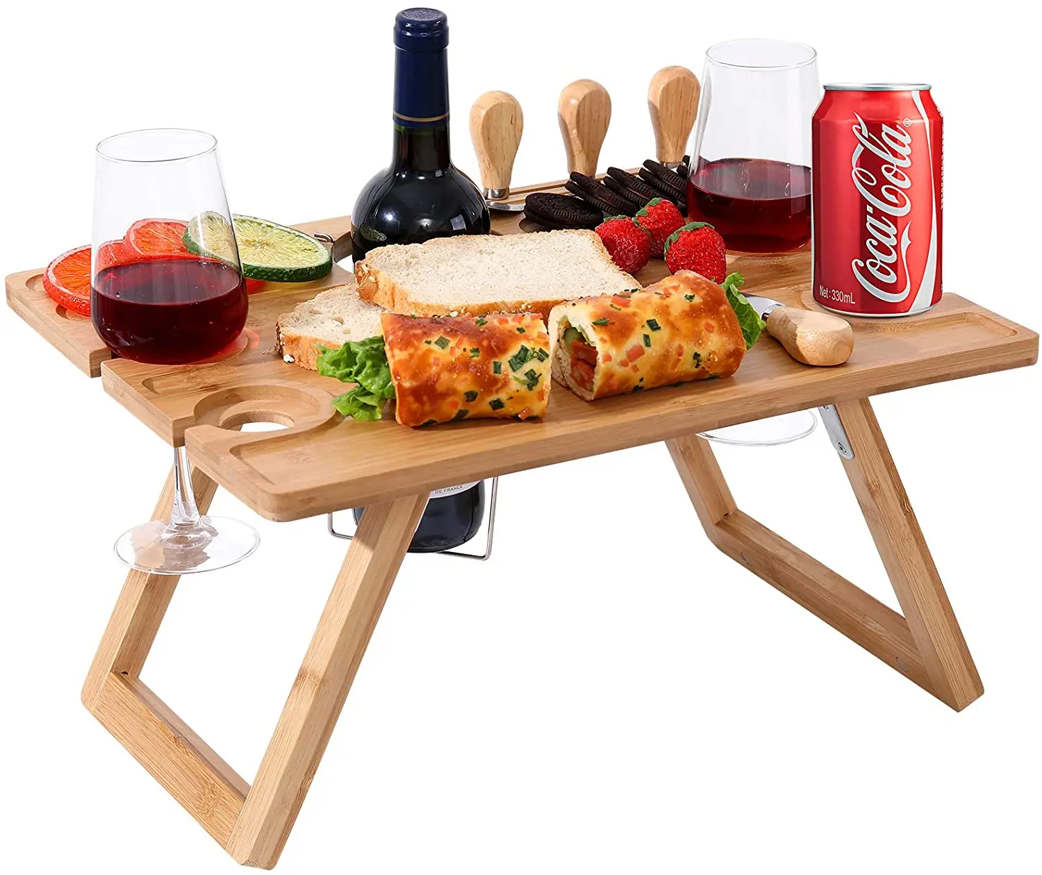 Portable Bamboo Wine Picnic Table with Wine Bottle and Glass Holder for 2 or 4
