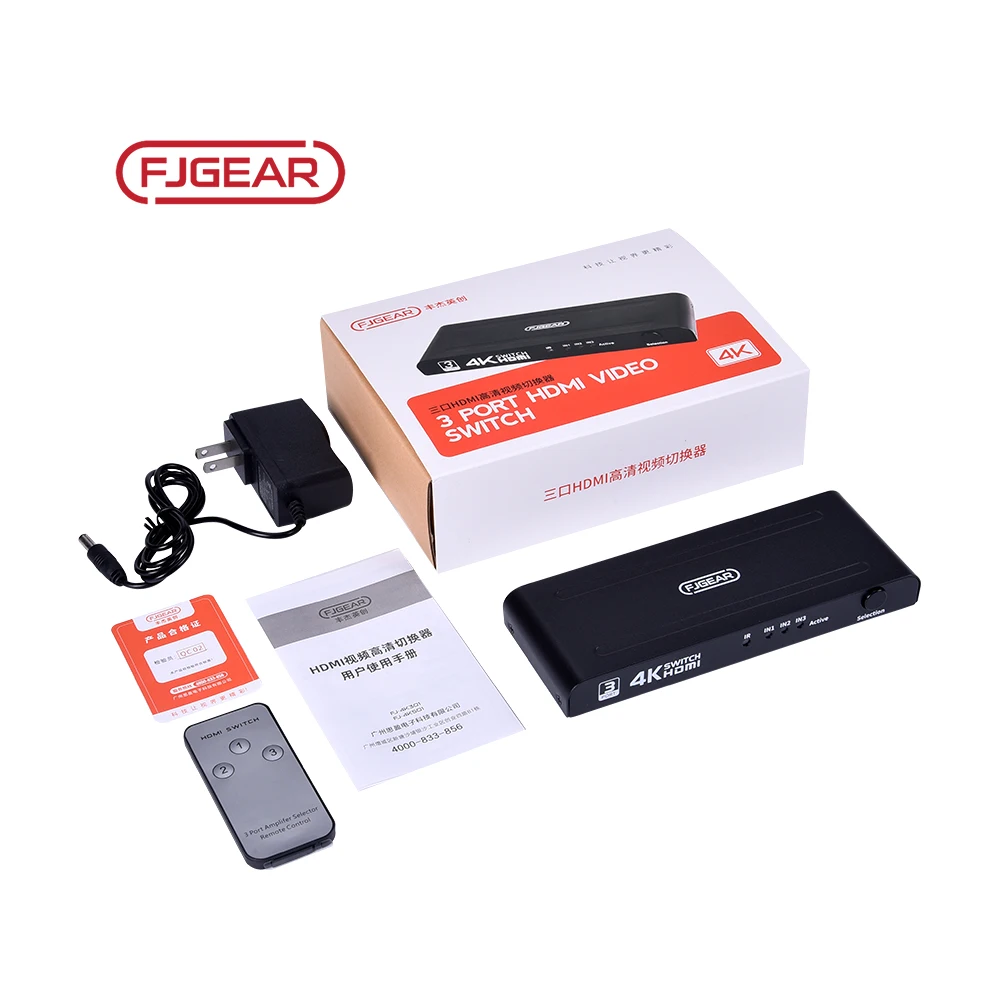 FJGEAR cheap and fine 3 ports HDMI HD video switcher 3840*2160/30Hz selector hdmi kvm switch hdmi