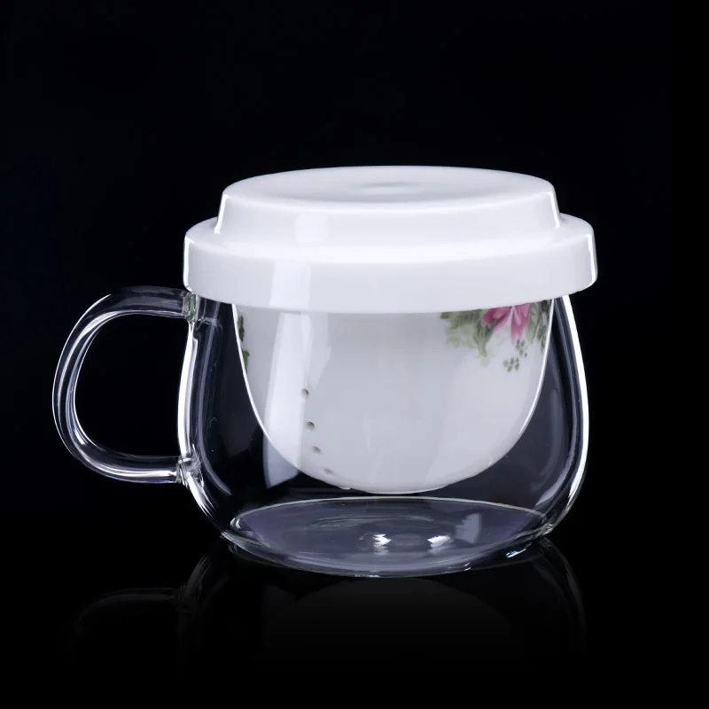 345CC High quality clear glass tea cups with ceramic lid with infuser