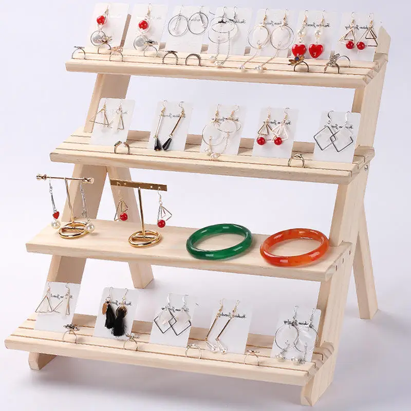 4-Tire Solid Wood Jewelry Storage Earrings Necklace Bracelet Ear Studs Display Board Holder Rack Stand