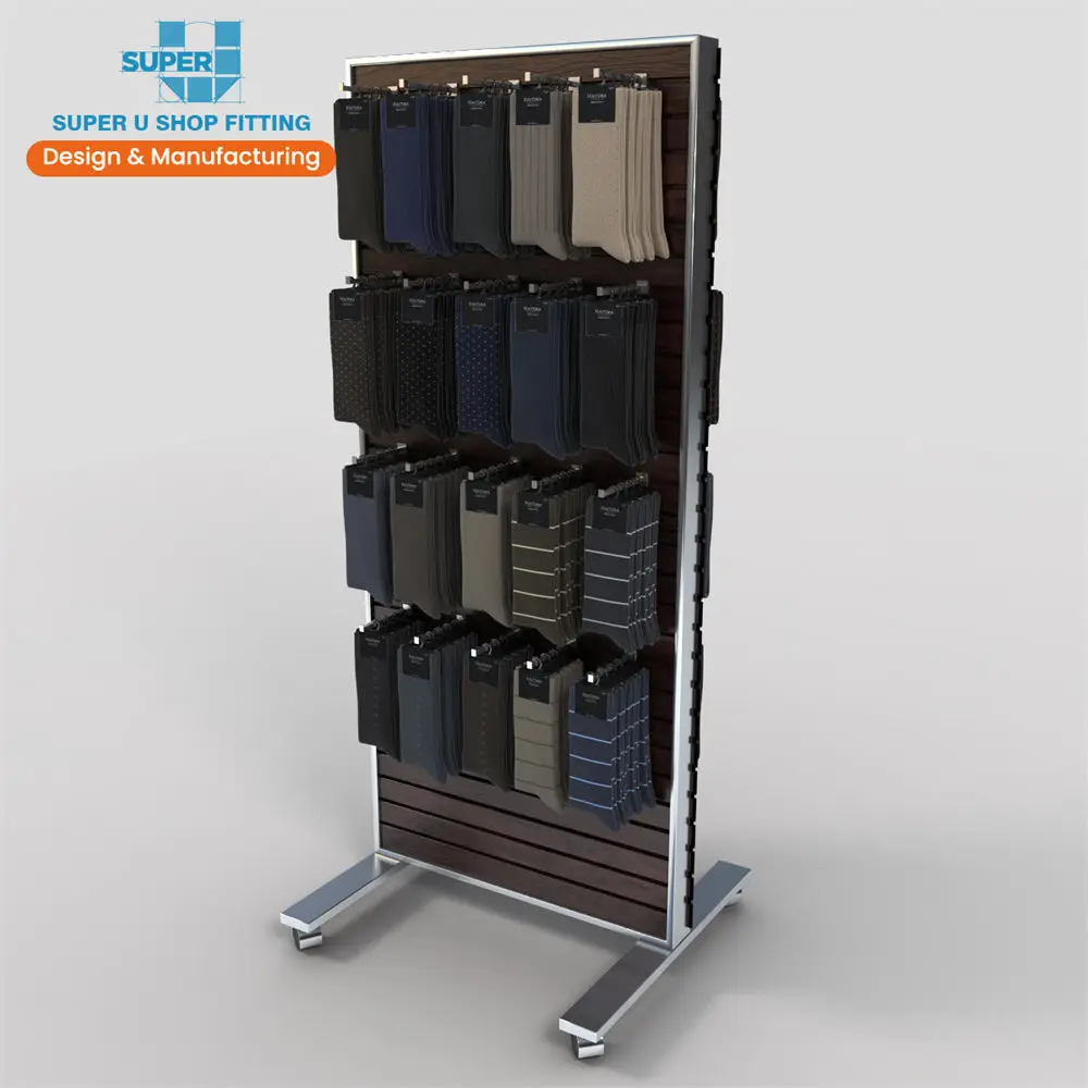Custom Retail Sock Display Wooden Socks Sales Stand Furniture Footwear POP up Floorstanding Two Sided Mobile Display for Socks