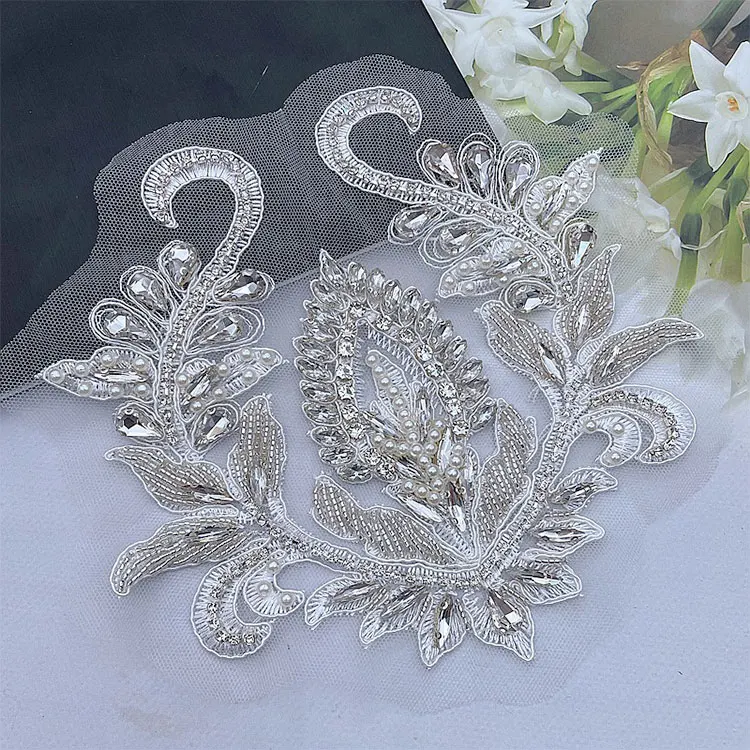 Handmade Flower Sew On Pearl Rhinestone Applique Bodice Dress Patches For Ironing In Clothes With Crystals