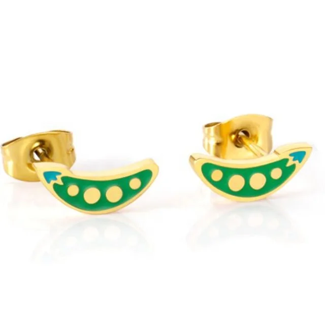 Yiwu Aceon Stainless Steel Etch Engraved Dot Moon Shape Green Enamel Food Jewelry Child Mini Snow Peas Earring Stud