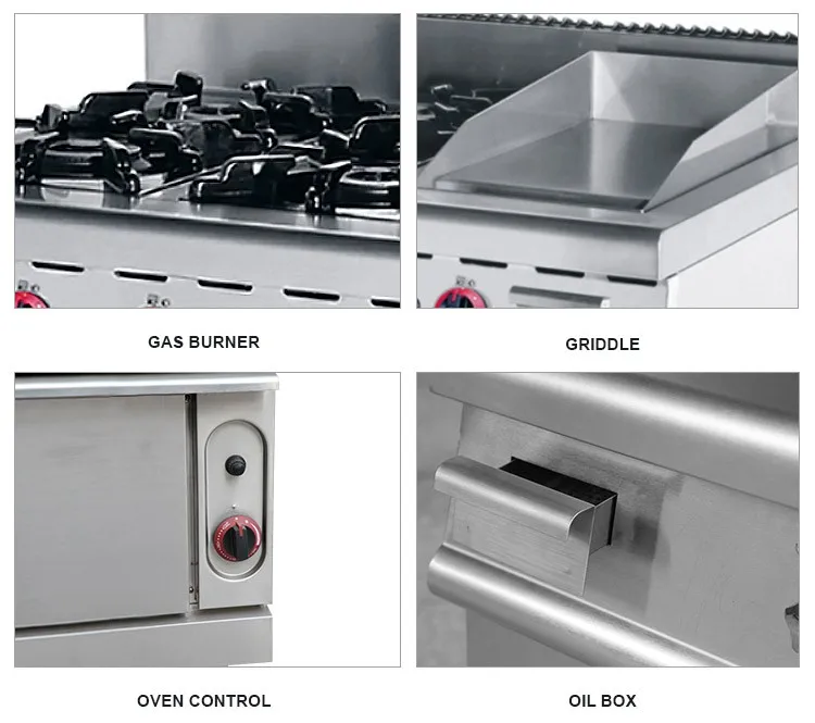 CE Approved Commercial Gas Ran Stainless Steel 4 Burner Griddle Electric Oven Free-Standing Household Outdoor Use Includes Grill