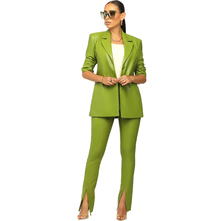 Latest Design Long Sleeve PU Leather Blazers Set For Women Two Piece Pants Set Women Formal Work OL Ladies Suits