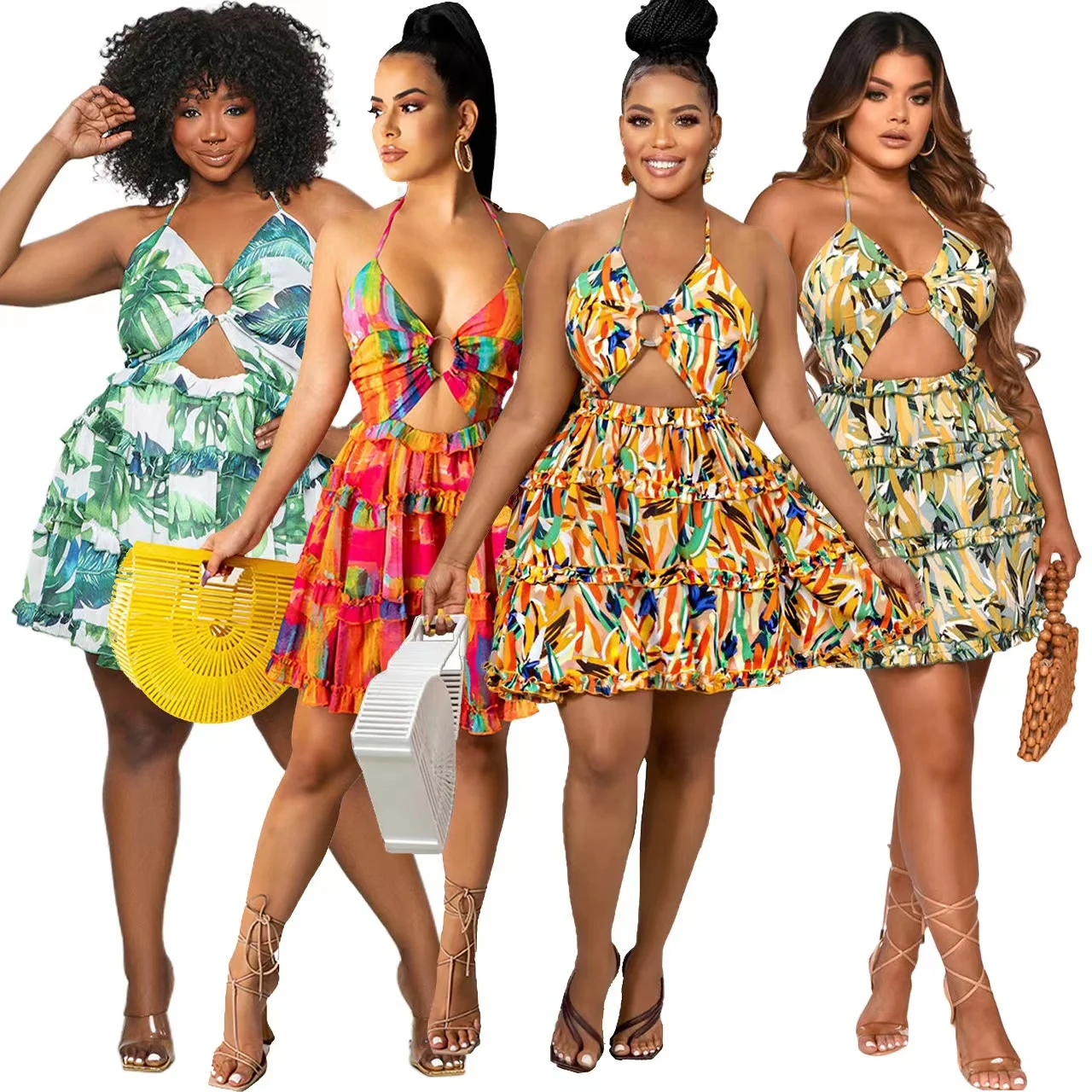 Backless Printing Mini Summer Dress Sun Dresses Women Miami Beach Sexy Solid Halter Casual Dress Womens Clothing