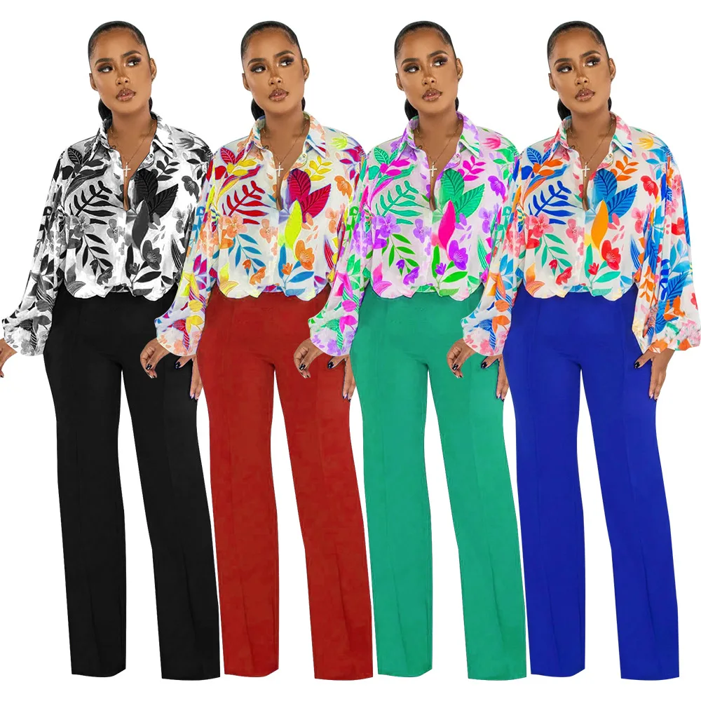 J&H 2023 spring fall fashion printed shirts and blazer pants ladies chiffon top slim fit long sleeve causal outfits