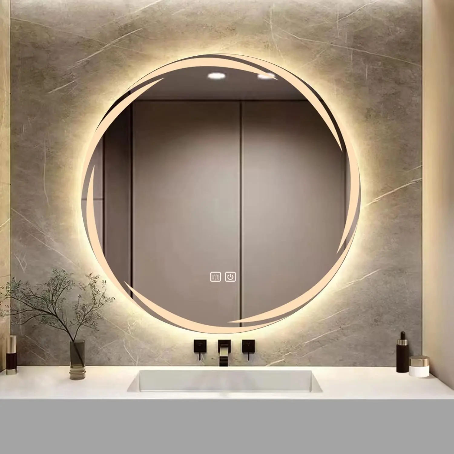 Round Modern round Bathroom LED Mirror Backlit Lighting Touch Sensor Illuminated Rectangular Design Aluminum back Defogger Hotel