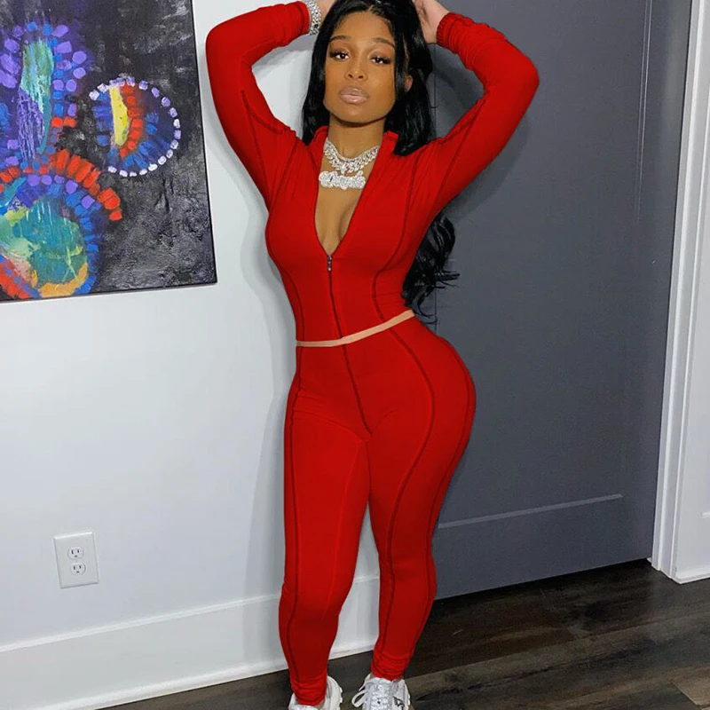 Fall Stitching Line Sports Two-piece Set V-neck Lounge Wear Woman Solid Color Bodycon Suit Spot Multi-color Matching Sets