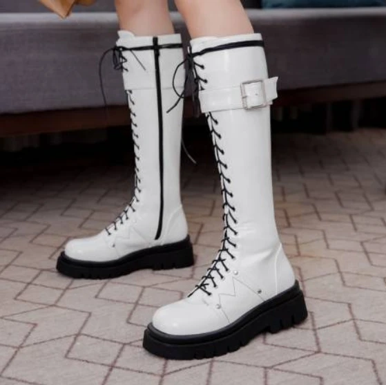 Black lace-up zipper calf boots for women long patent leather platform boots for women tall knight boots new rock shoes women