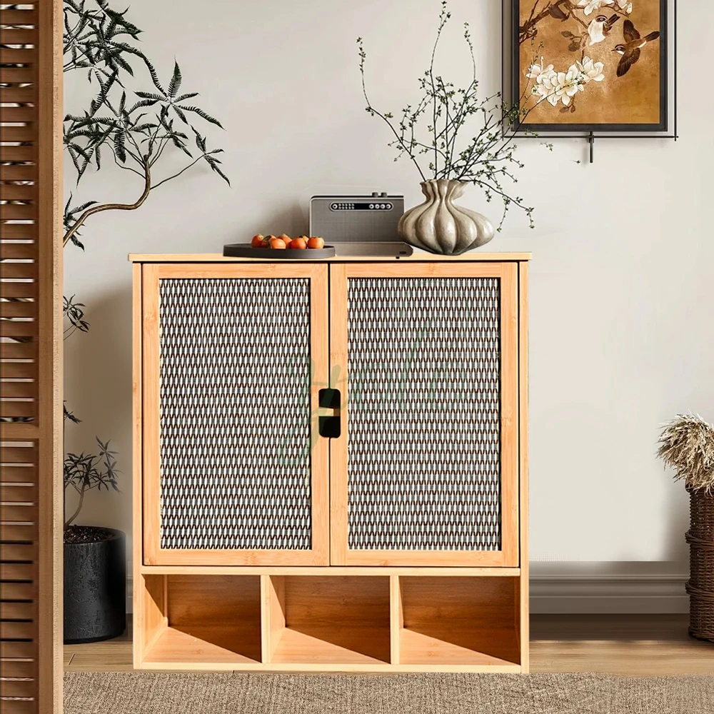 Multifunctional Bamboo Wooden Kitchen Bathroom Rattan Cabinet Side Storage Organizer Freestanding Cupboard Furniture With Door