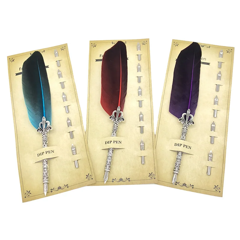 2024 novelty gift multi-color feather quill pen fluffy calligraphy dip pen set with logo