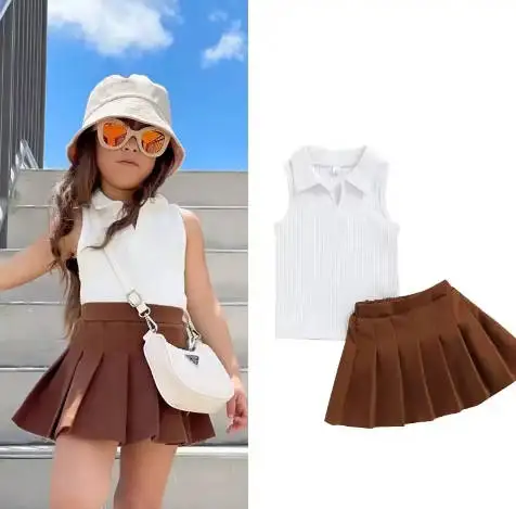 RTS 1-6Y Fashion Toddler Girls 2 Piece Clothes Sets Solid Turn Down Collar Sleeveless Vest Tops+Pleated Skirts