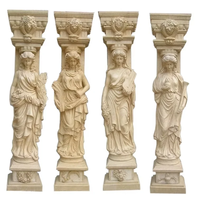 Outdoor Ldeal Arts Decorative Marble Pillars And Columns With Woman Statue Marble Woman Column