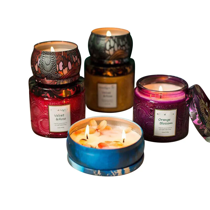 European Style Embossed Candle Jar Glass Empty Candle Vessels With Lid