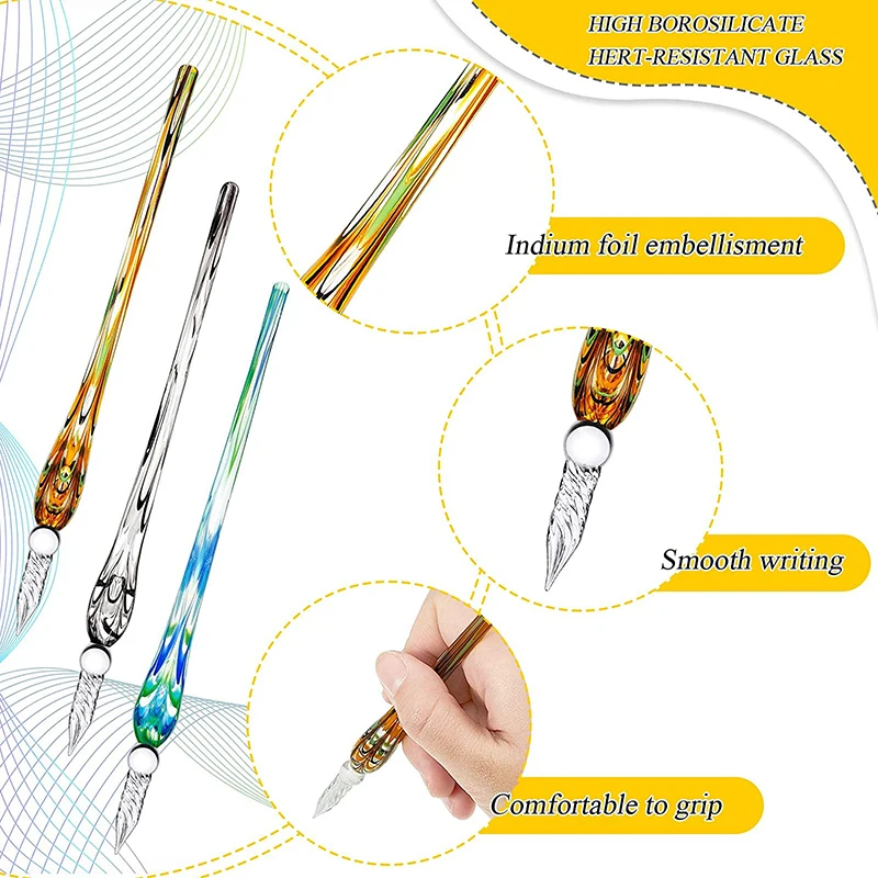 Wholesale Ribbon Glass dip pen Glass Handmade Murano Lampwork Spiral Nib Tip Dip Pen with Penholder for office Tableware Decor