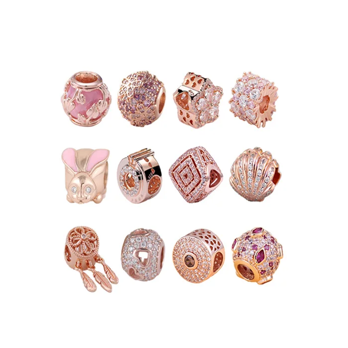 Wholesale Fashion Rose Gold Diamond Charm Pendant Jewelry Fit Pandoraer DIY Bracelet Beads