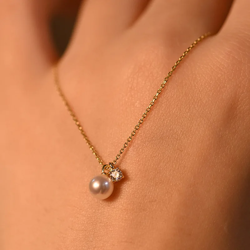 INS Fashion 925 Sterling Silver Freshwater Pearl Shiny Zircon Pendant Necklace for Women Girls Jewelry