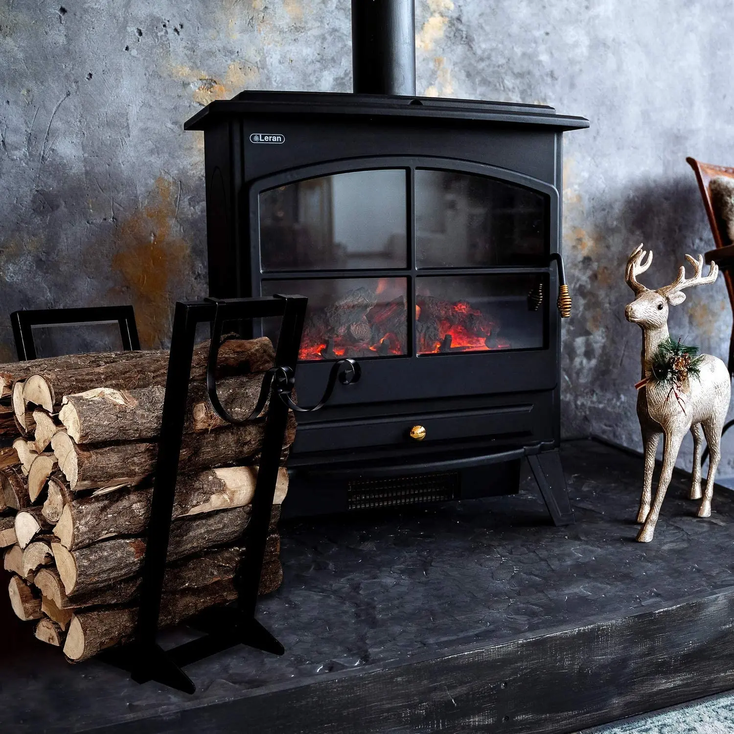 Firewood Holder 22 Inch Black Heavy Duty inner door Metal Firewood Rack with Kindling Holder