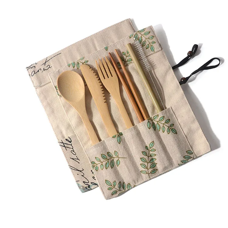 Wholesale New Portable Children Tableware With Bag Reusable Kids Bamboo Camping Travel Household Cutlery Set